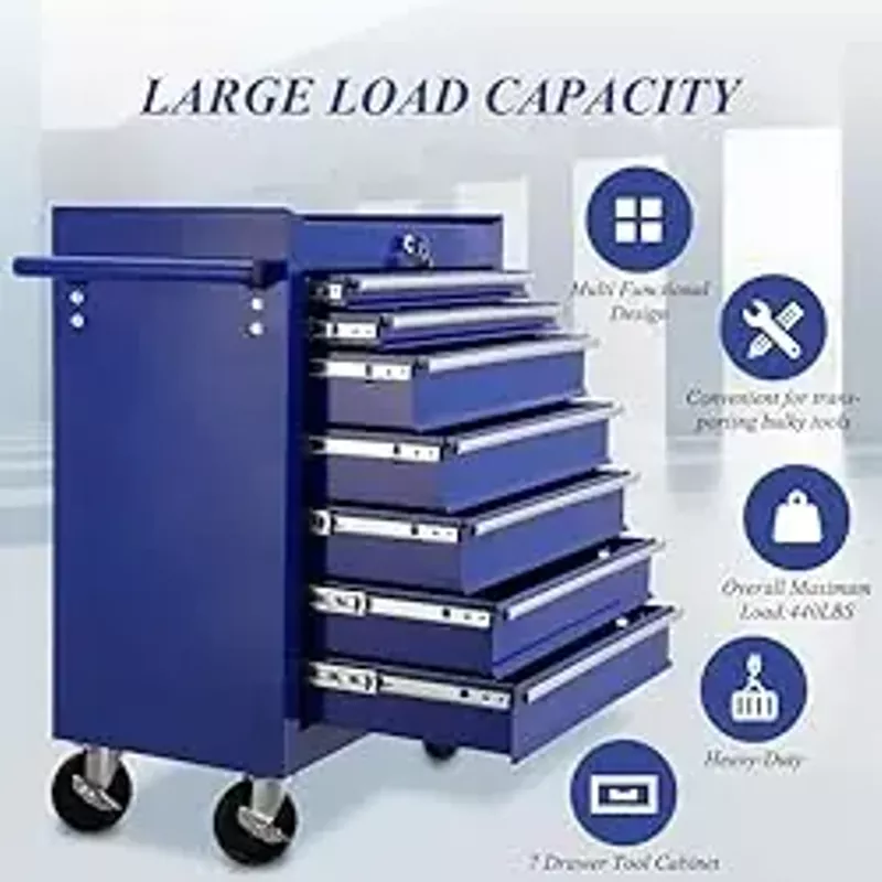 Tool Cart With Drawers,7 Drawers Locking Rolling Tool Chest with Wheels,Mechanic Tool Cabinets for Garage,Large Blue Tool Box for Warehouse,Repair Shop