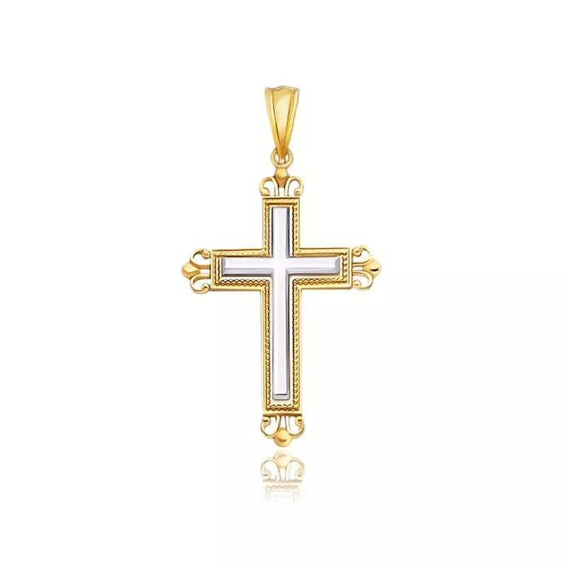 14k Two Tone Gold Cross Pendant with an Ornate Budded Style