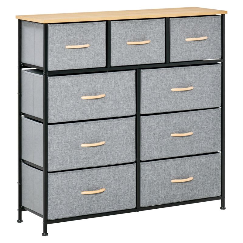 HOMCOM 9 Drawers Storage Chest Dresser Organizer Unit w/ Steel Frame, Wood Top, Easy Pull Fabric Bins, for Bedroom, Hallway - Oak & Grey