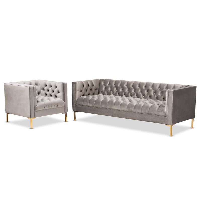 Glam Velvet and Gold Finished 2-Piece Sofa and Lounge Chair Set - Grey