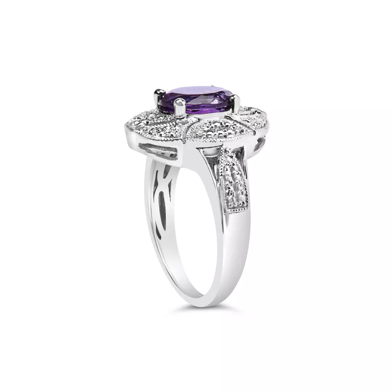 .925 Sterling Silver 9x7mm Oval Purple Amethyst and Diamond Accent Art Deco Style Cocktail Ring (I-J Color, I1-I2 Clarity) - Size 6