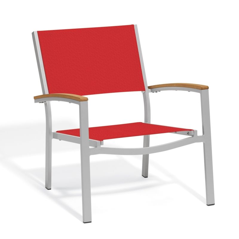 Oxford Garden Travira Chat Chair with Powder Coated Aluminum Frame and Tekwood Natural Armcaps - Red Sling Seat (Set of 2)