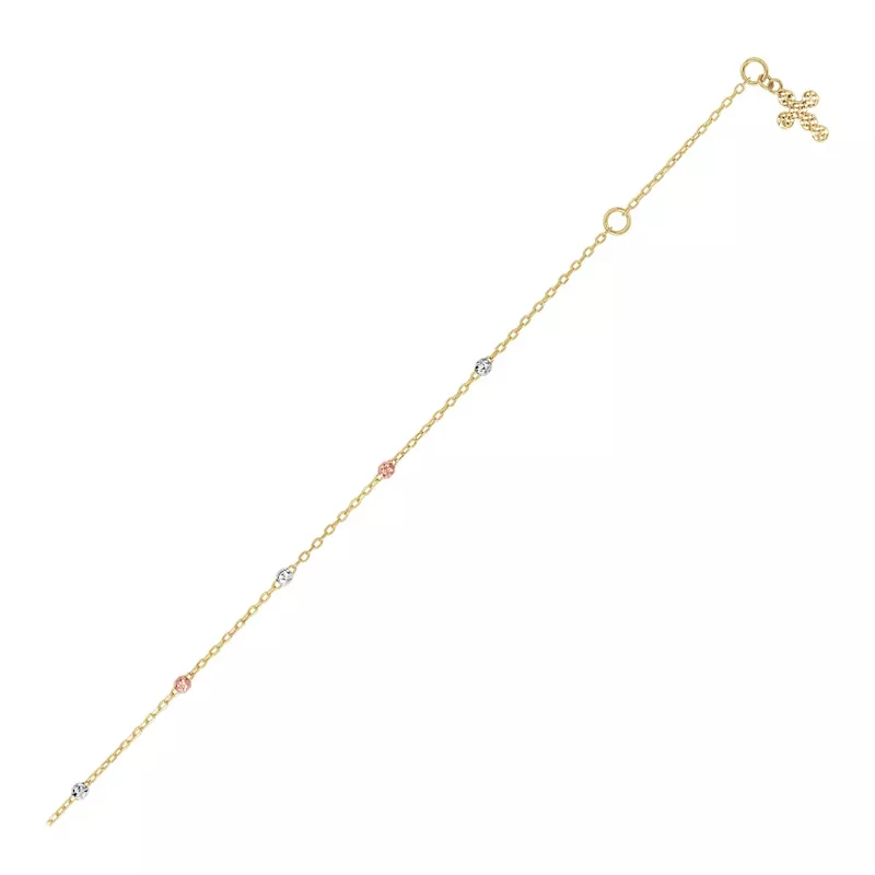 14k Tri Color Gold Anklet with Cross (10 Inch)
