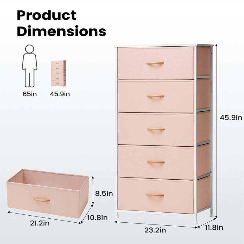 Pellebant Fabric Vertical Dresser Storage Tower with 5 Drawers - Pink - 5-drawer
