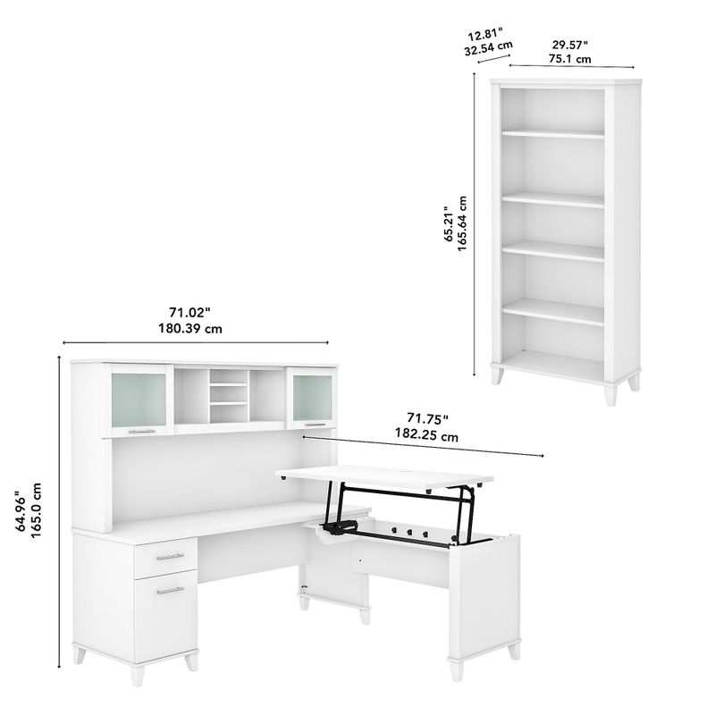 Somerset 72W Sit to Stand L-Desk with Hutch and Bookcase in Ash Gray - Maple Cross