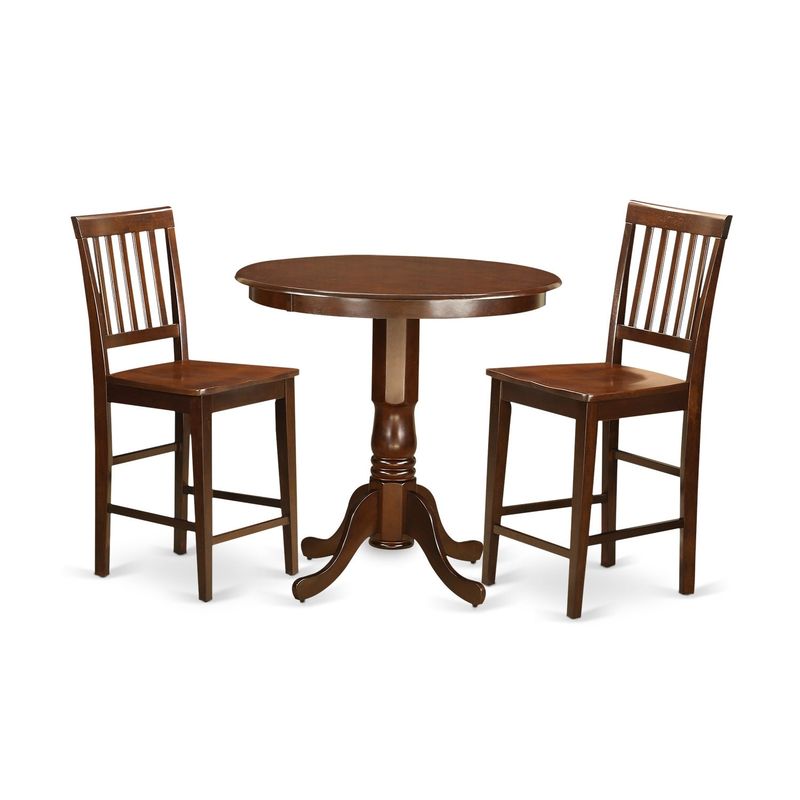 Solid Wood Mahogany Finish 3-piece Counter-height Dining Set - Pedestal Table and Kitchen Chairs (Seat's Type Options) - JAVN3-MAH-W