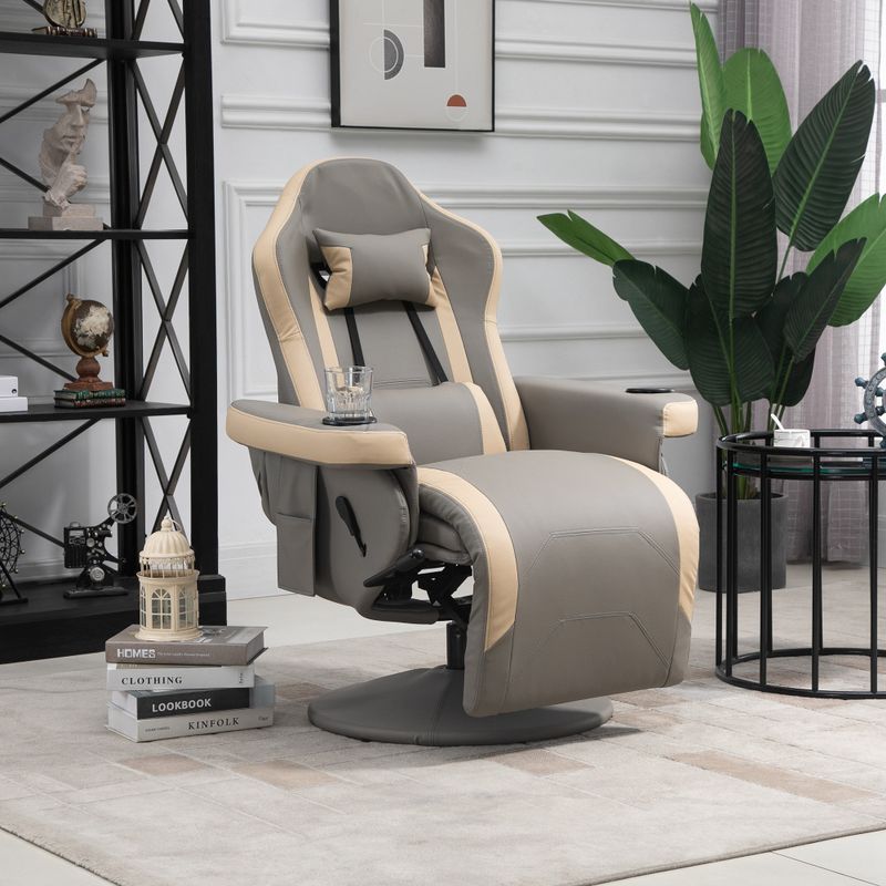 HOMCOM Manual Recliner Armchair PU Leather Lounge Chair w/ Adjustable Leg Rest, 135° Reclining Function, 360° Swivel, Cup Holder - Grey