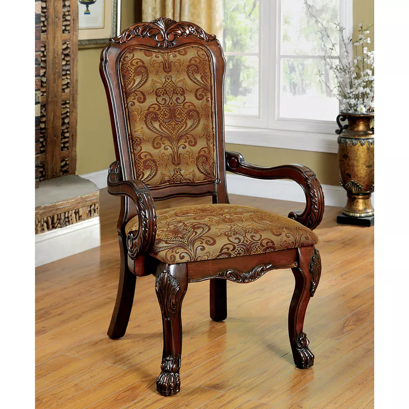 Traditional Fabric Padded Dining Arm Chairs in Brown/Cherry (Set of 2)