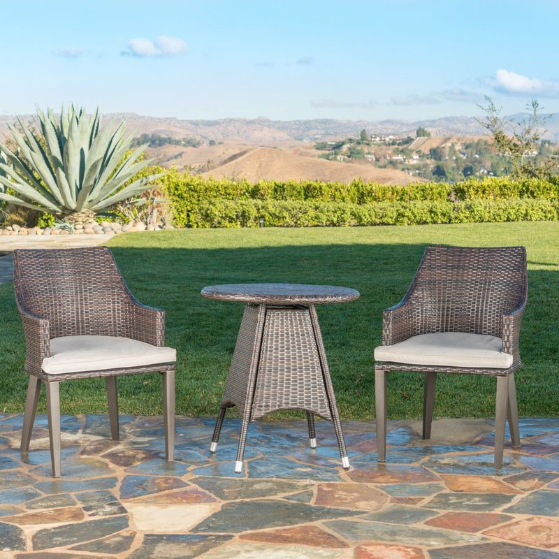 Hillhurst Outdoor 3-Piece Round Wicker Bistro Chat Set with Umbrella Hole & Cushions by Christopher Knight Home - Multibrown + Light...