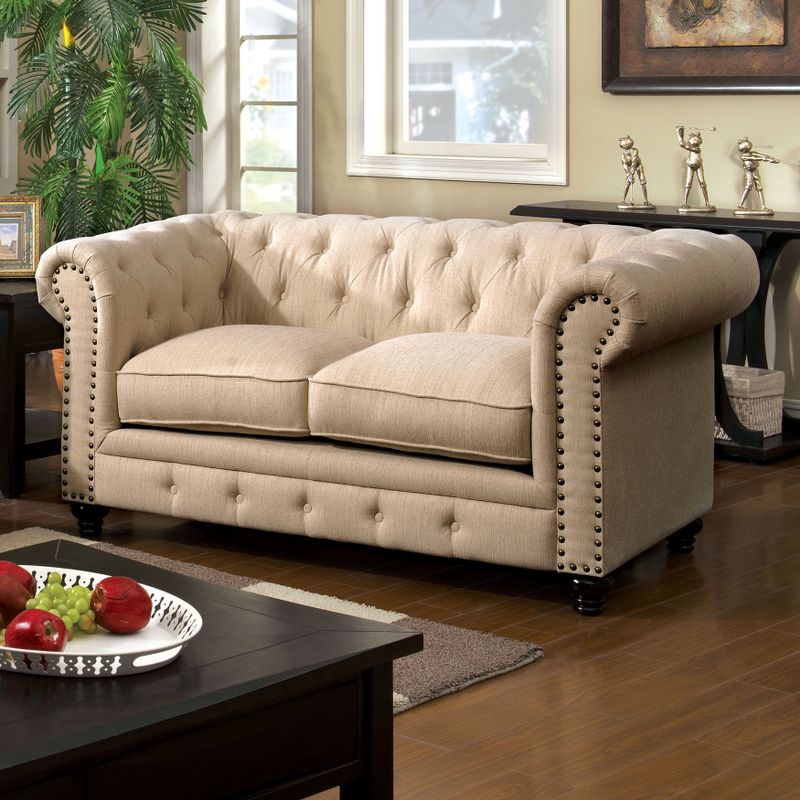 Furniture of America Staffers Traditional Deep Tufted Tuxedo Style Loveseat - Ivory Fabric