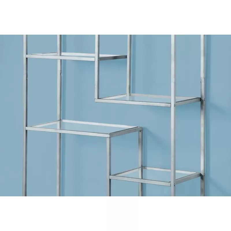 Bookshelf/ Bookcase/ Etagere/ 72"H/ Office/ Bedroom/ Metal/ Tempered Glass/ Grey/ Clear/ Contemporary/ Modern