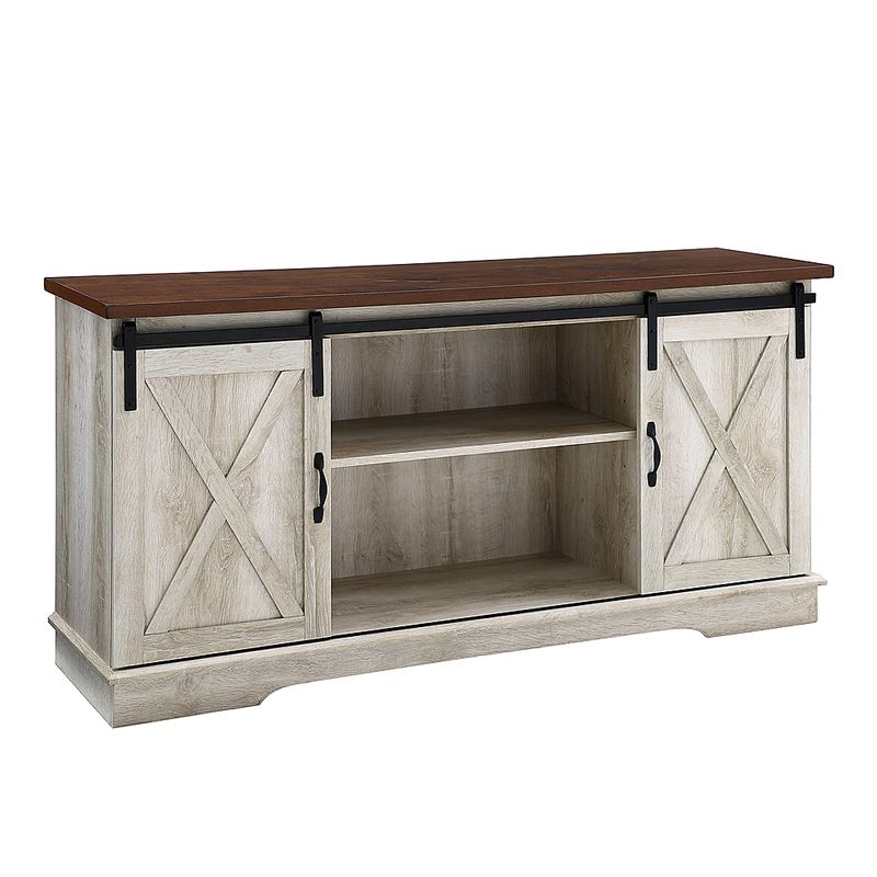 Angle Zoom. Walker Edison - Industrial Farmhouse Sliding Door TV Stand for Most TVs up to 65" - Rustic White Brown