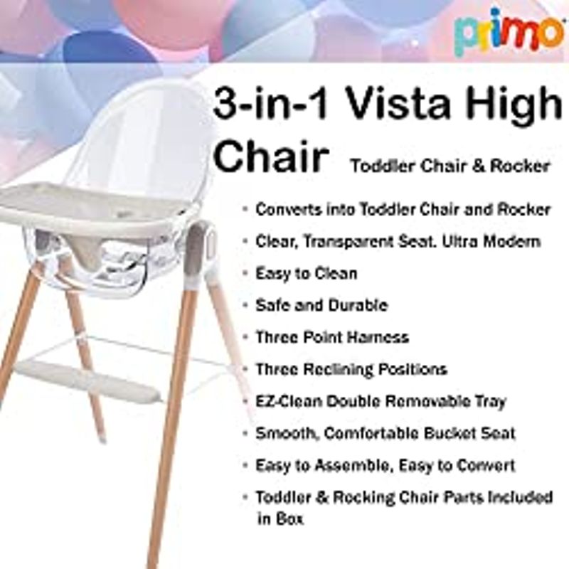 Primo Vista 3-in-1 Convertible High, Toddler, & Rocking Chair, Clear, Transparent Seat, Grows with Child, Modern Style, Adjustable...