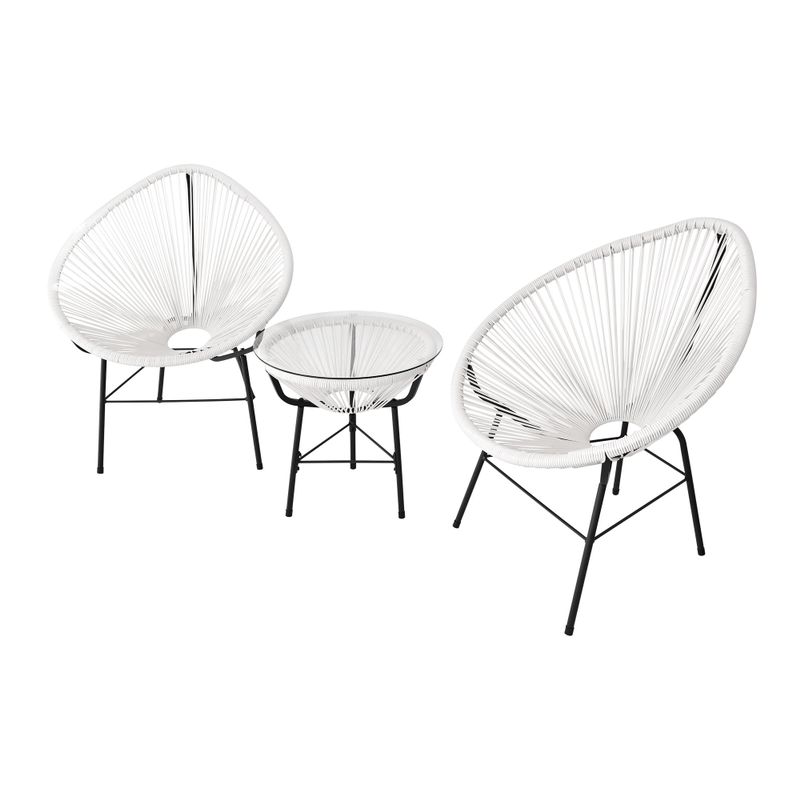 3 Pieces PE Rattan 2 Chairs with Glass Top Coffee Table Sets - White