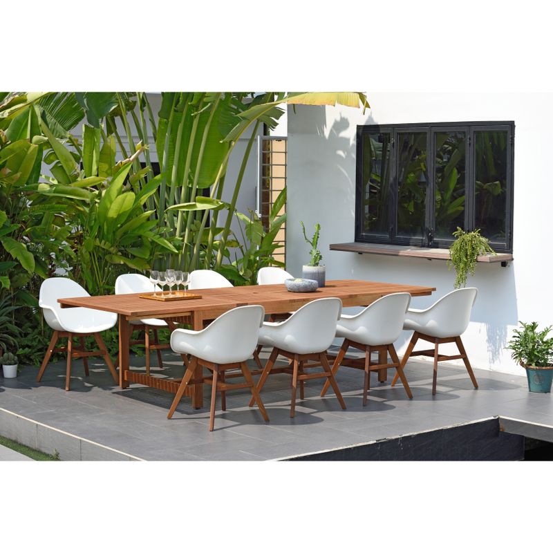 Amazonia Deluxe Hawaii White Wood 9-Piece Rectangular Patio Dining Set - Dark Wood Finish & Black Chairs
