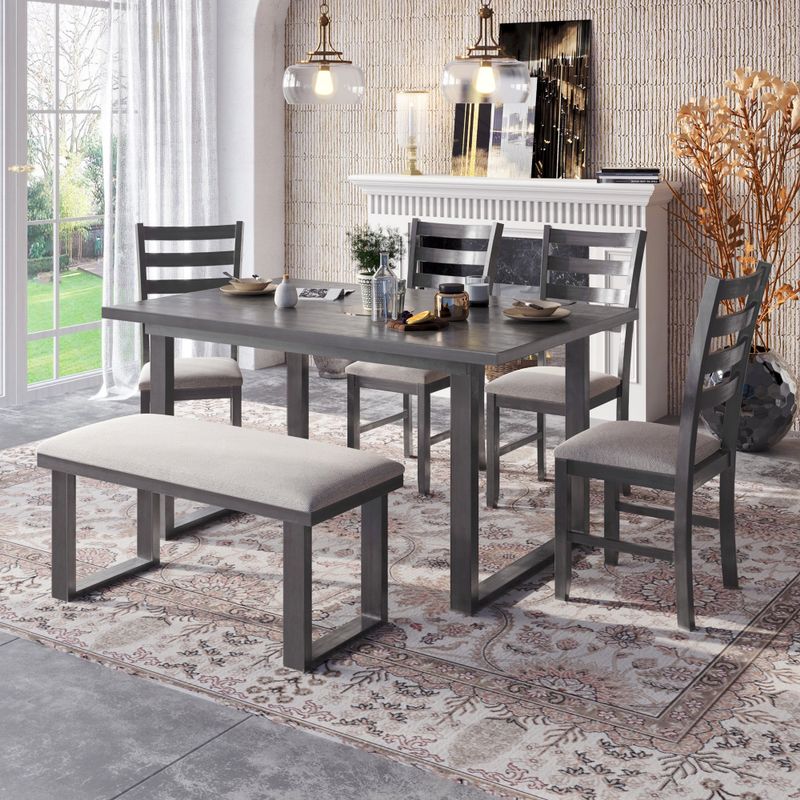 Merax 6-Piece Wood Dining Room Set Rrectangle Table and 4 Chairs with Bench - Grey
