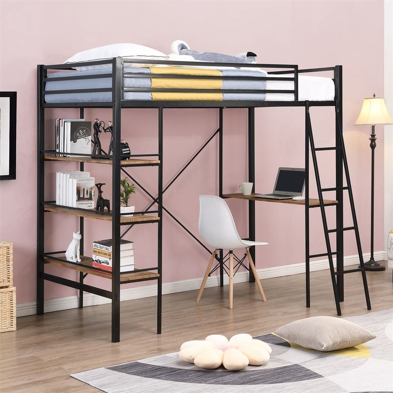 Merax Metal Twin Loft Bed with Shelves and Desk - Black