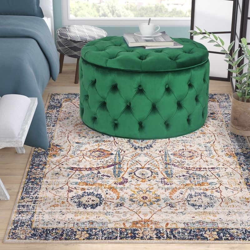 Adeco Velvet Round Storage Ottoman Button Tufted Footrest Stool Bench - Green