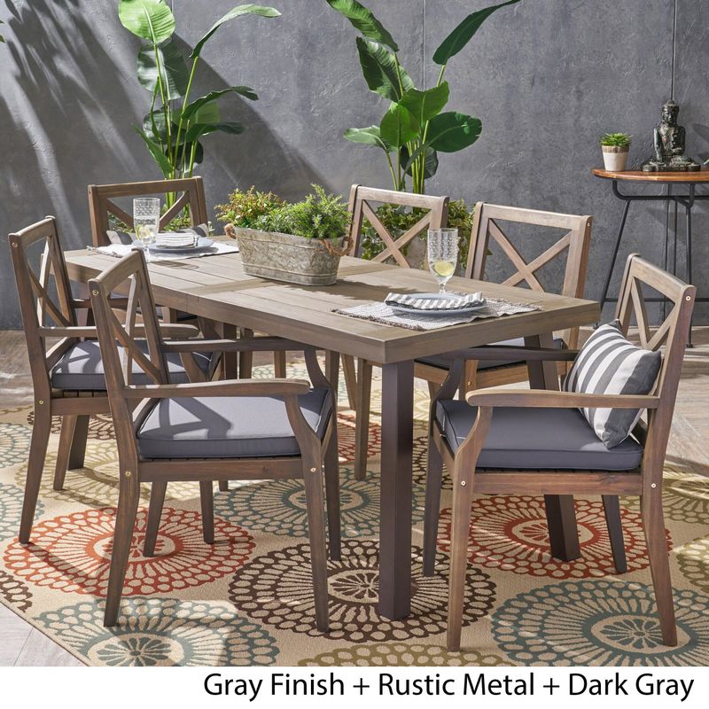 Juniper Outdoor 7 Piece Acacia Wood Dining Set by Christopher Knight Home - Water Resistant/Cushion Included - grey +dark grey+ rustic...