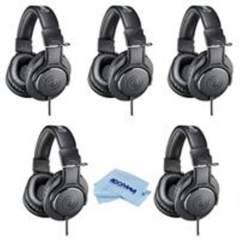 Audio-Technica 5 Pack ATH-M20x Professional Monitor Headphones, 96dB, 15-20kHz, Black - With Microfiber Cloth