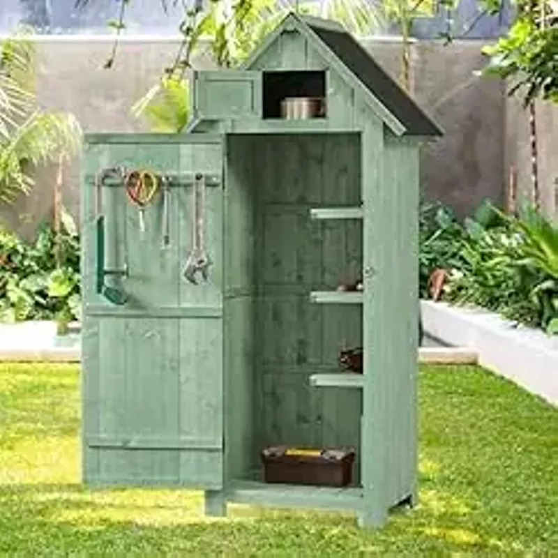 FairOnly Outdoor Shed Storage Cabinet, Garden Wooden Sheds, Outside Storage Cabinet Weather Proof with Floor, Fir Wood Tool Organizer with Door and Shelves for Backyard, Hallway (Green)