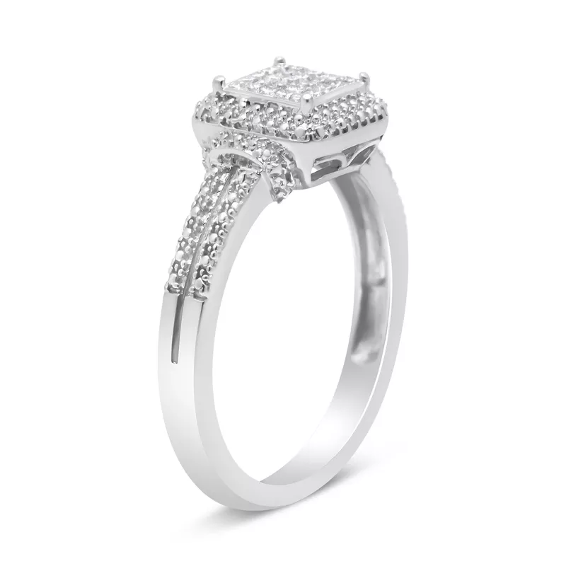 .925 Sterling Silver 1/4 Cttw Princess-cut Diamond Composite Ring with Beaded Halo (H-I Color, SI1-SI2 Clarity) - Size 6