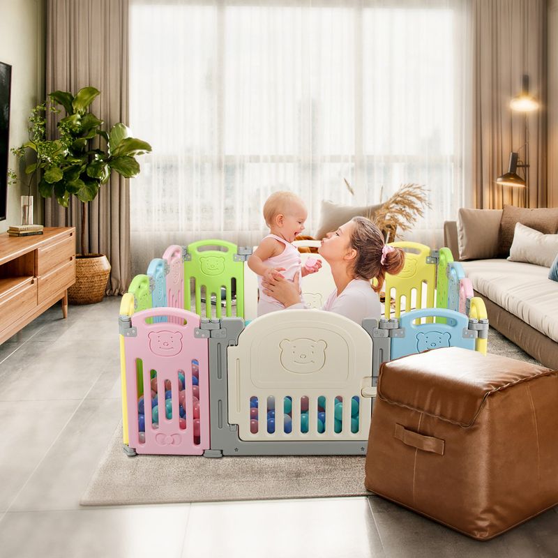 14-Panel Foldable Baby Playpen Kids Safety Activity Center - Blue + Pink + Yellow + Green