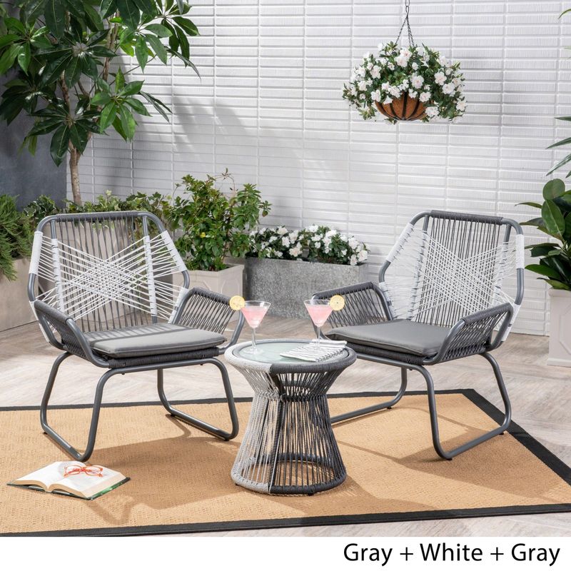 Idaho Outdoor 3 Piece Woven Chat Set by Christopher Knight Home - grey + white + grey