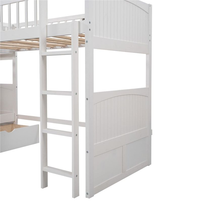 Twin size bunk bed with a loft bed attached, with two drawers - White