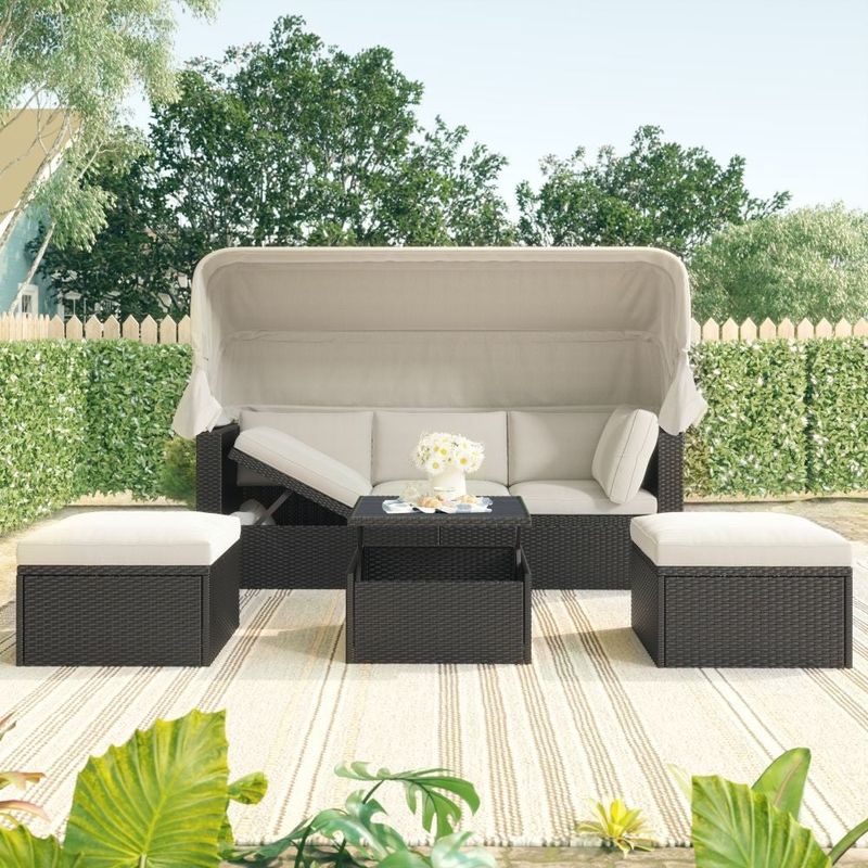 Rent to own Outdoor Patio Wicker Rectangle Daybed with Retractable