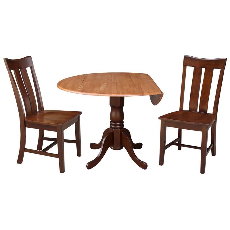 42 in. Drop Leaf Table with 2 Splat Back Dining Chairs - 3 Piece Set - 42 in. W x 42 in. D x 29.5 in. H - Cinnamon/espresso