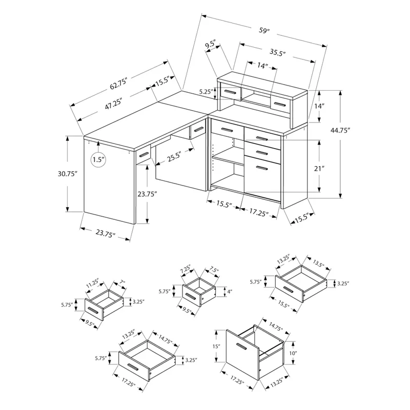 Computer Desk/ Home Office/ Corner/ Left/ Right Set-up/ Storage Drawers/ L Shape/ Work/ Laptop/ Laminate/ Grey/ Contemporary/ Modern