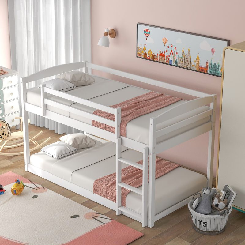 Nestfair Twin over Twin Floor Bunk Bed with Ladder - White