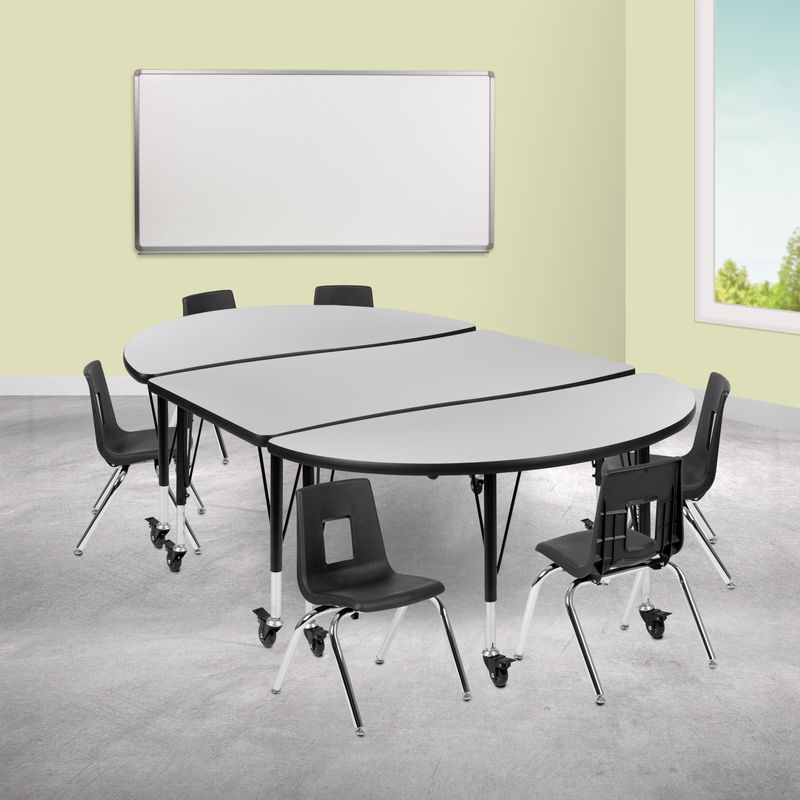Mobile 76" Oval Wave Collaborative Laminate Activity Table Set with 12" Student Stack Chairs, Grey/Black - Oak