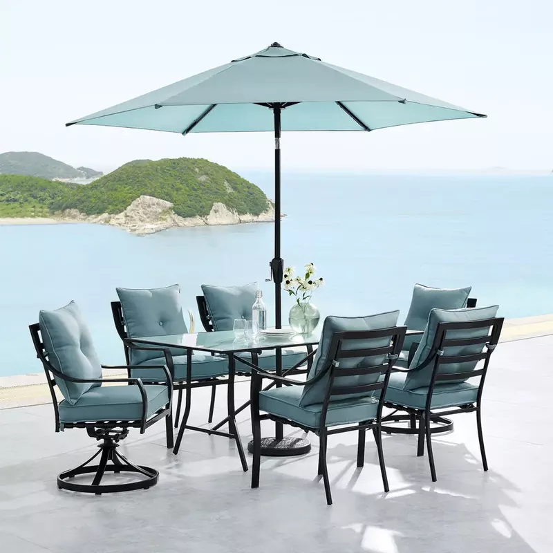 Lavallette 7pc: 4 Dining Chairs, 2 Swivel Chairs, Rect. Glass Table, Umbrella & Base