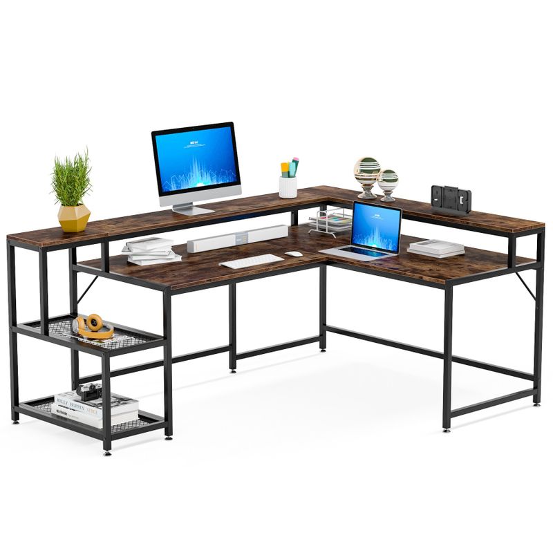 Industrial L-Shaped Desk with Storage Shelves, Corner Computer Desk PC Laptop Study Table Workstation - Brown