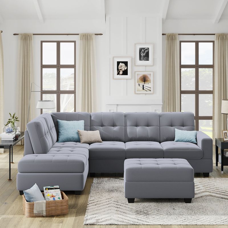 Sectional Sofa with Reversible Chaise Lounge And Storage Ottoman - Antique Grey