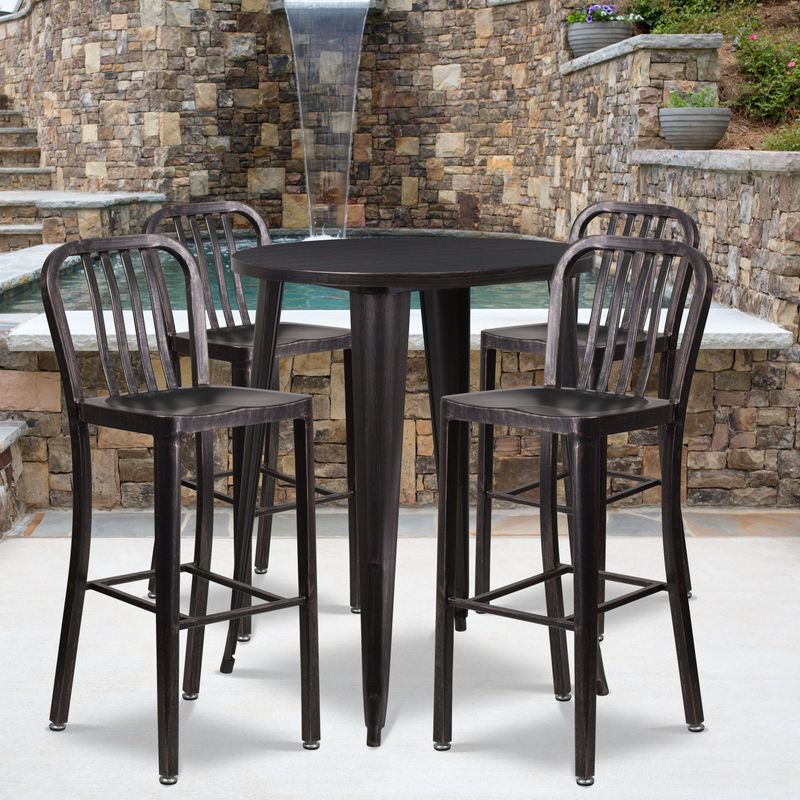 30'' Round Metal Indoor-Outdoor Bar Table Set with 4 Vertical Slat Back Stools - 30"W x 30"D x 41"H - Black-Antique Gold