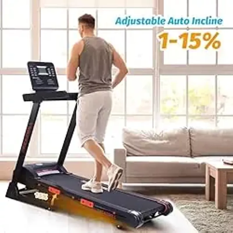 Treadmill with Auto Incline,Home Folding Treadmill with Heart Sensor,3.5 HP Quiet Brushless, 8.7 MPH, Shuttle Buttons,48in*18in Running Area,Running Machine for Home Office Indoor Cardio Exercise