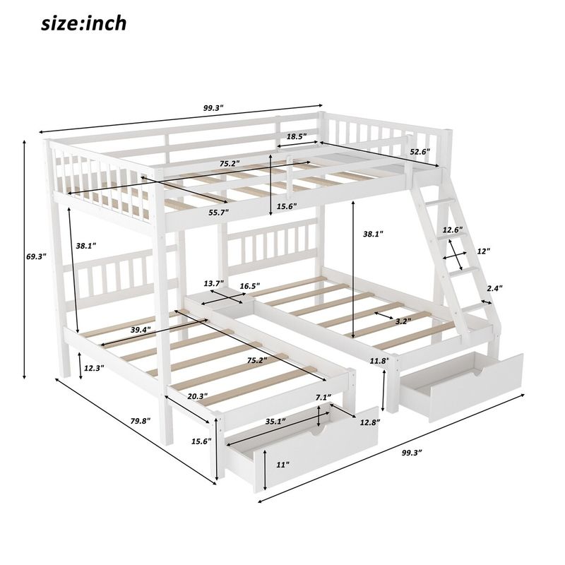 Merax Full Over Twin & Twin Bunk Bed, Wood Triple Bunk Bed with Drawers and Guardrails - White