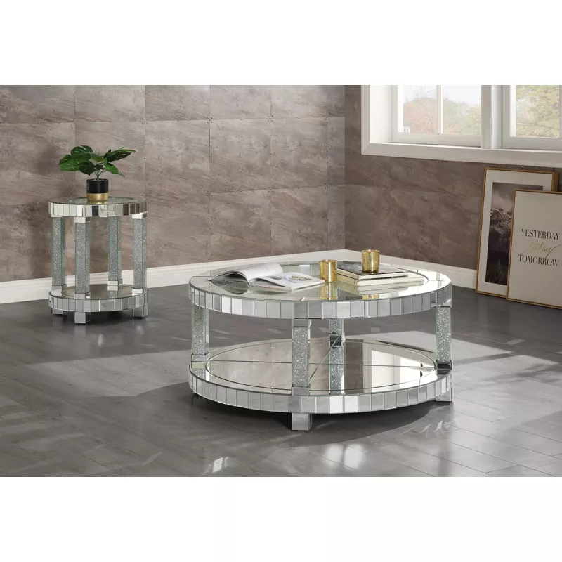 ACME Noralie End Table, Mirrored, Faux Diamonds