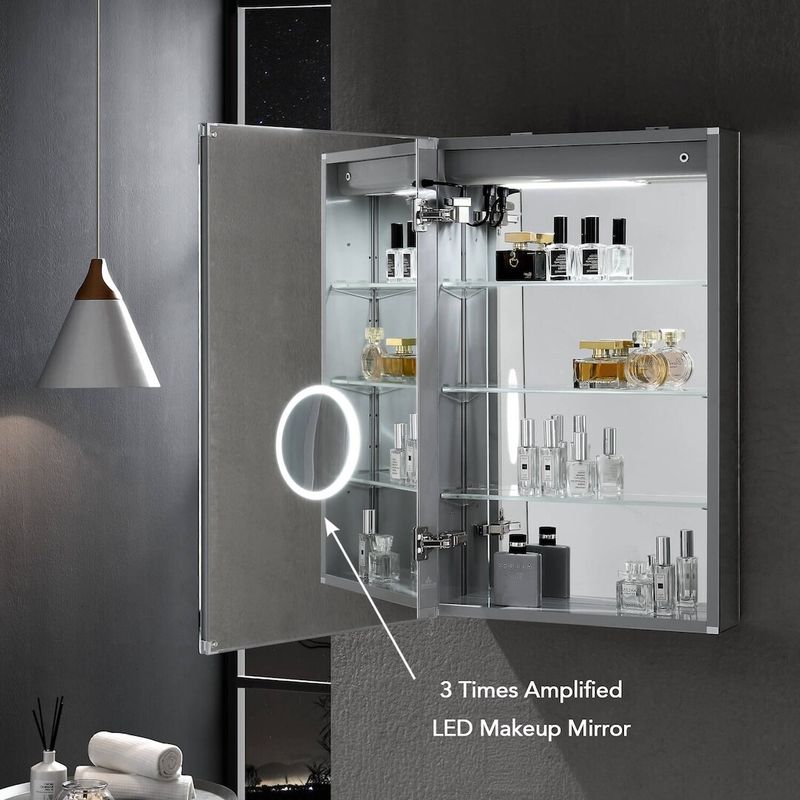 LED Medicine Cabinet with Amplified Mirror and Defogger - 24x32/3X - Hinge on Left