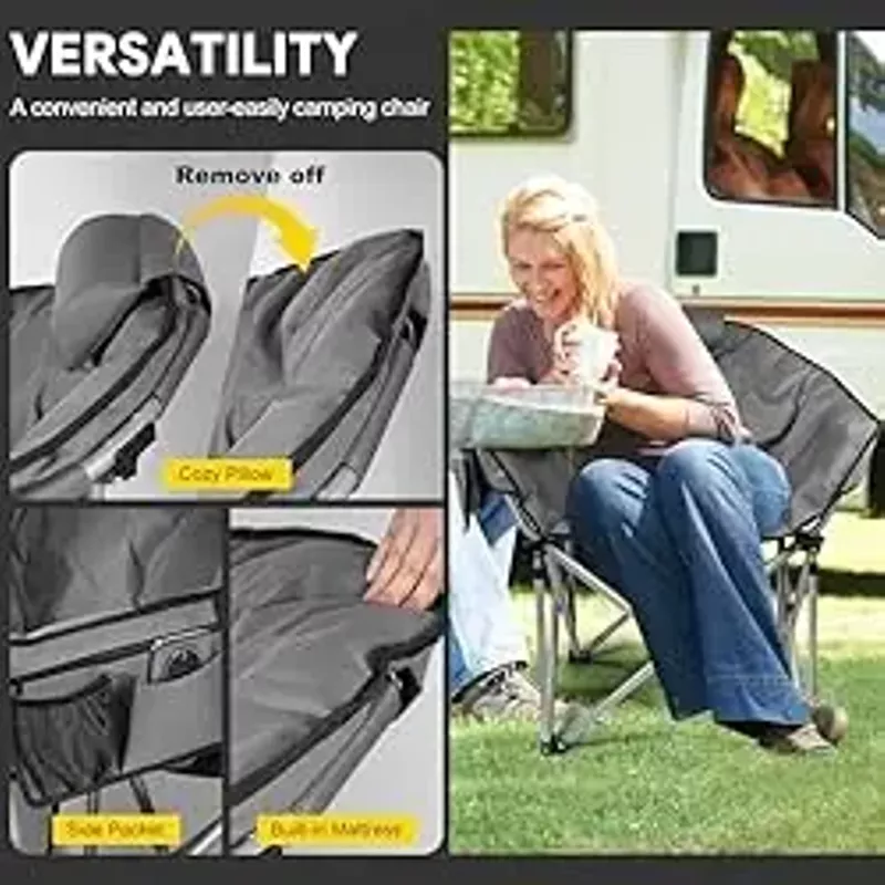 Slendor Heated Camping Chair Oversized, Padded Heated Chair Outdoor Sports, 3 Heating Levels Adjustable Camping Chairs for Adults with Pillow, Storage Bag, Folding Outdoor Chair, Grey