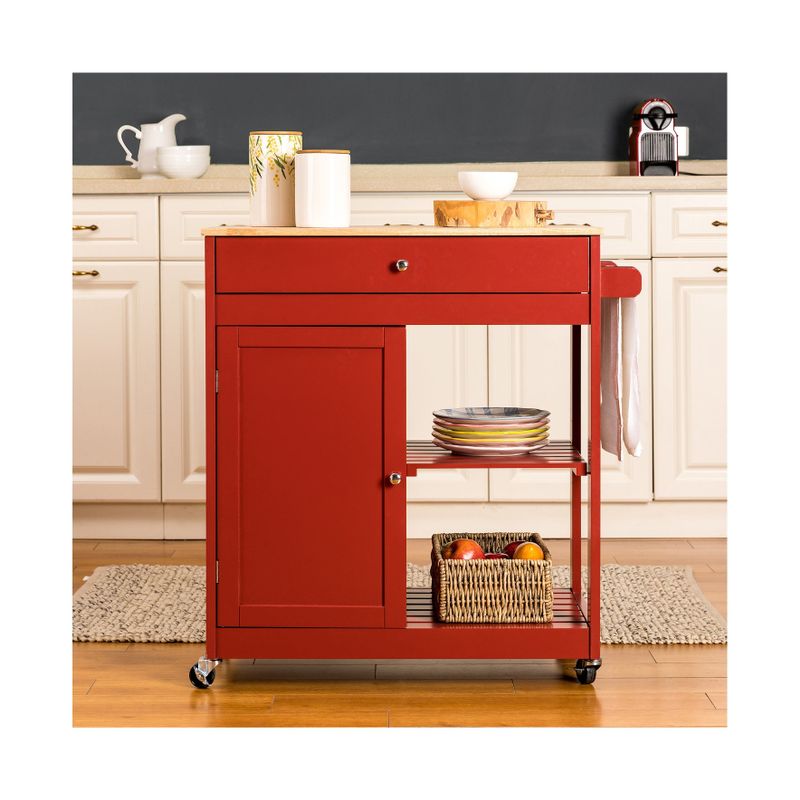 Glitzhome 35"H Modern Kitchen Island Cart with Rubber Wooden Top - Red