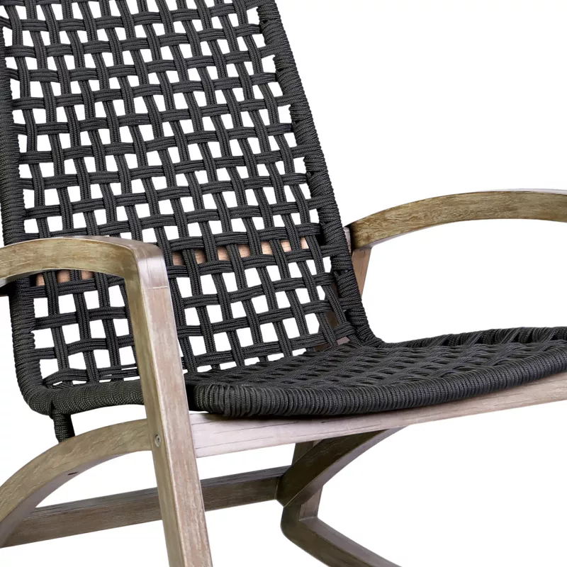 Sequoia Outdoor Patio Rocking Chair in Light Eucalyptus Wood and Charcoal Rope