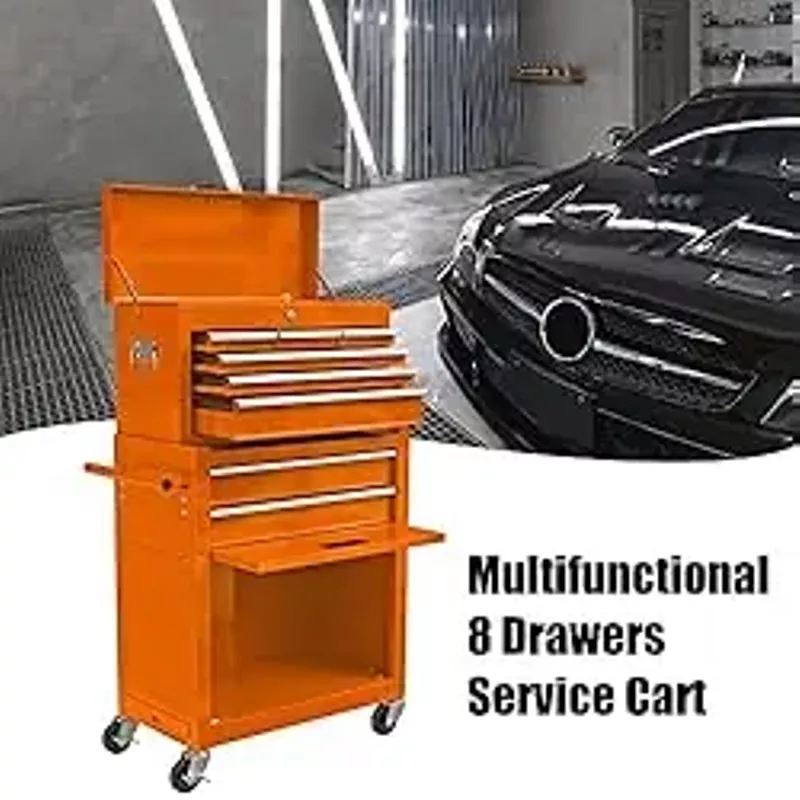 PULLAFUN 8-Drawer Rolling Tool Chest, 2-in-1 Rolling Tool Storage Cabinet with Detachable Top Tool Box, Liner, Universal Lockable Wheels,Locking Mechanism,Tool Cart for Garage Workshop