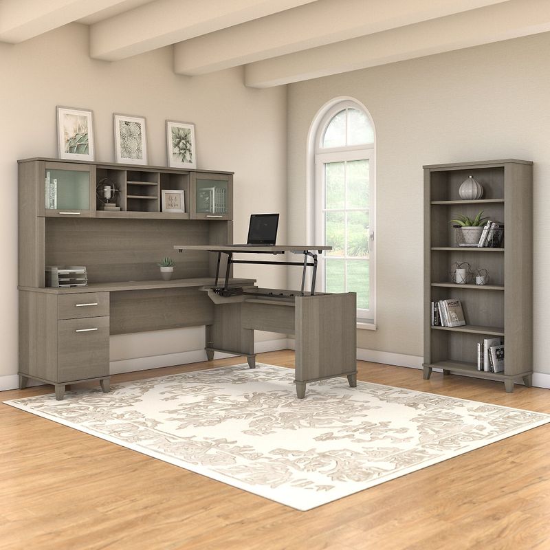 Somerset 72W Sit to Stand L-Desk with Hutch and Bookcase in Ash Gray - Maple Cross