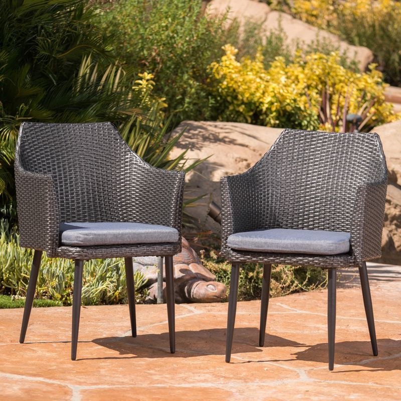 Iona Outdoor Wicker Dining Chair with Cushion (Set of 2) by Christopher Knight Home - Grey + Mixed Black + Black