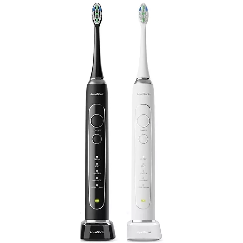 AquaSonic - Elite Duo - Rechargeable Electric Toothbrush Set - 2 Brushes, 16 Brush Heads, Wireless, Travel Cases - White and Black