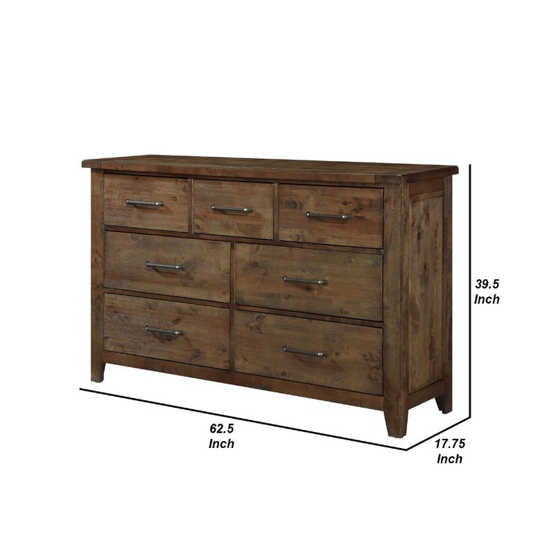 Spacious Wooden Dresser With 7 Drawers, Rustic Burnished Brown